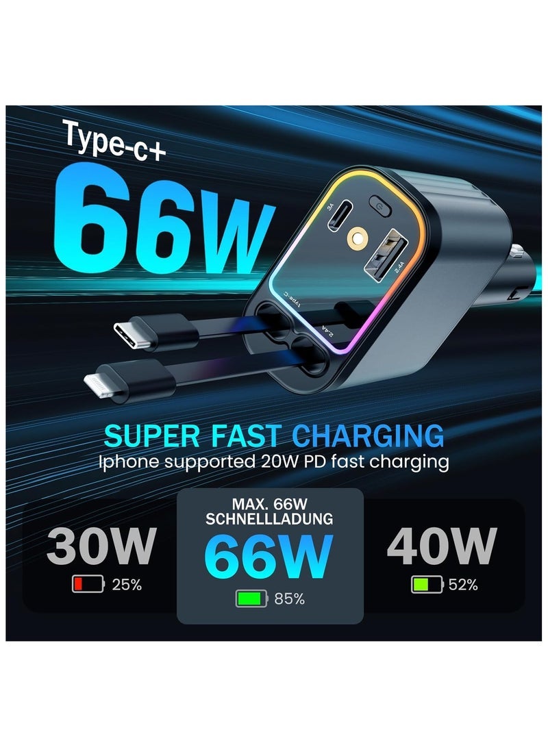 MORTICO Car Charger with Starlight, 66W USB C Fast Car Chargers Adapter, 4 in 1 Retractable Car Charger with 2 USB Ports Car Phone Chargers for iPhone 16/15/14/13/12/11 and for Android (Dark Grey) - Image 3
